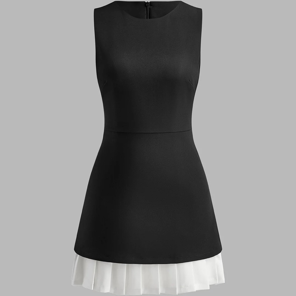 Two-Tone Sleeveless Pleated Short Dress